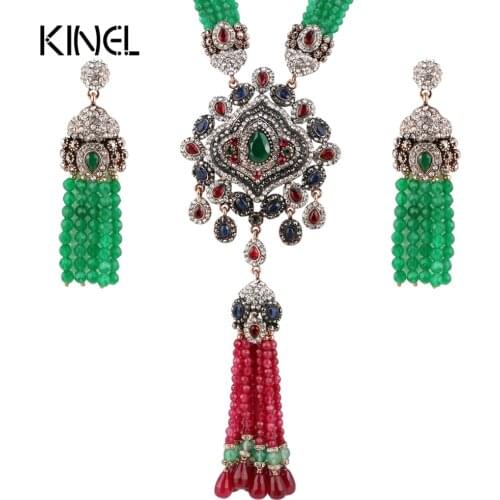 Kinel Natural Stone Indian Jewelry Sets Red And Green Crystal Zircon Antique Gold Color Exaggeration Necklace Earrings For Women