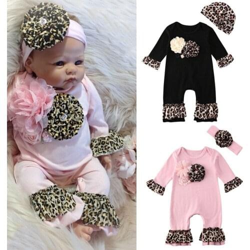 Pudcoco Romper for Newborn Baby Girls Leopard Ruffles Flare Long Sleeve Jumpsuit Floral Shirt Headband / Hat Outfit Clothes Set