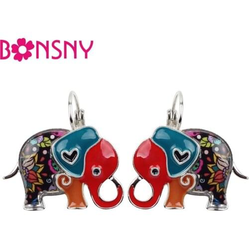 Bonsny Enamel Colorful Jungle Elephant Earrings Stud Drop French Clip Dangle Alloy Novelty Animal Jewelry For Girls Women Ladies