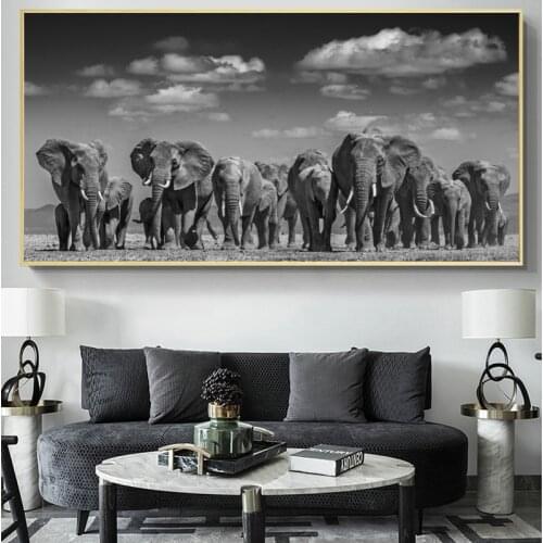 Modern Black African Elephant Herd Posters and Prints Wall Art Canvas Painting Animals Pictures for Living Room Cuadros Decor