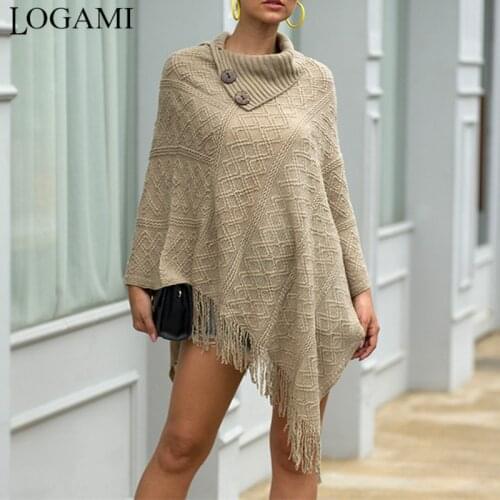 LOGAMI Tassel Turn-down button Poncho Sweater Woman Autumn Shrugs For Women Pullovers 2019 High Street Female Sweaters