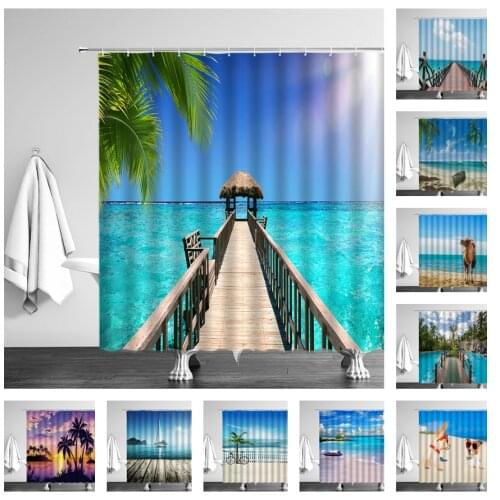 Sunny Sea Scenery Shower Curtain Beach Camel Dog Tropical Plant Coconut Tree Waterproof Bathroom Decor Cloth Curtains With Hook