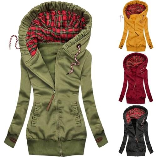 Drawstring Design Warm Coat Women Fashion Plaid Print Jacket Zipper Pocket Sweatshirt Long Sleeve Coat Oversized Sweatshirts