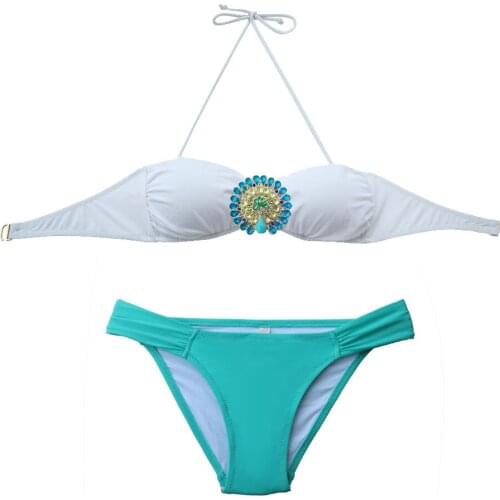 Women Design Peacock Girl Crystal Diamond Bikini White Swimsuit Biquini Brazilian Bathing Suit Sexy Swimwear Set