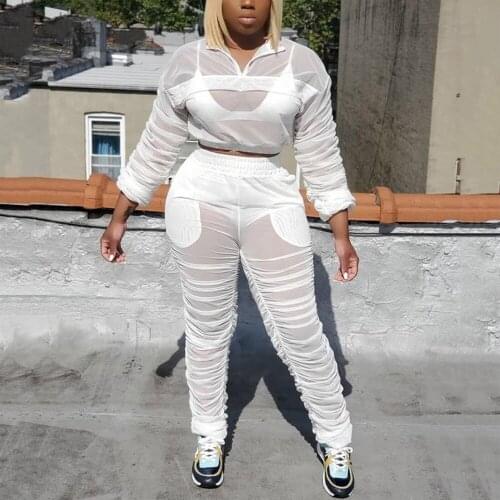 Autumn New Style White Pants Sets for Women 2021 Bodycon Transparent Fashion High Street Wear 2 Pieces Matching Sets Big Size