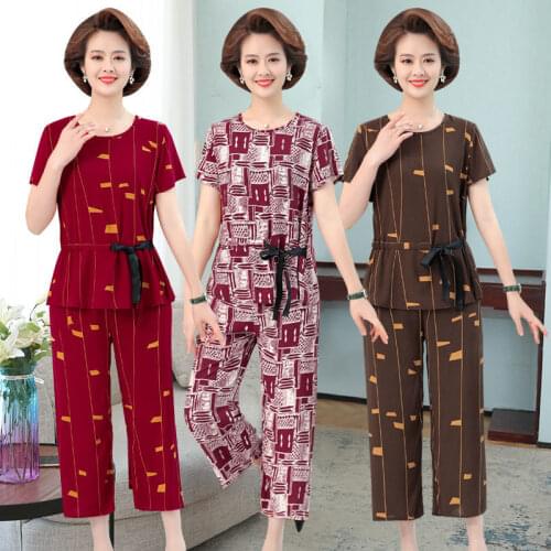 2021 Summer New Retro Printing Short Sleeve Tee + Ankle Length Pants Suits Plus Size Casual Middle Age Womens 2 Piece Sets L386