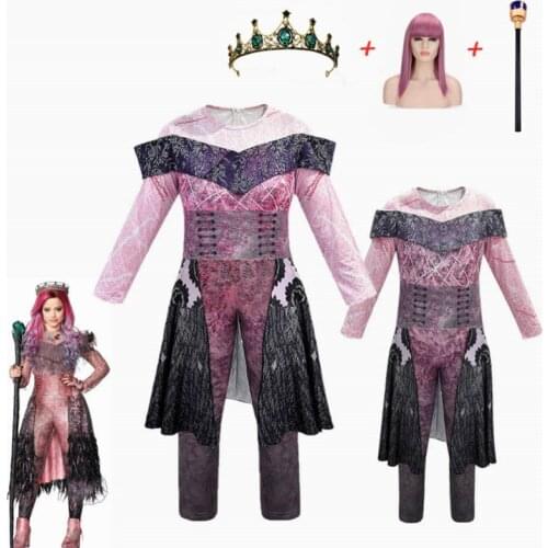 Girls/women queen of mean descendants 3 Mal & evie Cosplay Audrey Costume Girls Halloween Party Clothing 3D Jumpsuits+wig+crown