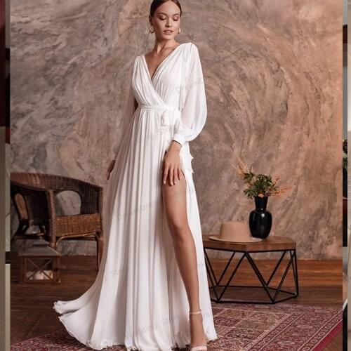 Bohemian Chiffon Beach Wedding Dresses Puff Sleeve Vintage Bride Dresses 2021 Split Vestido De Novia V Neck Boho Wedding Gowns