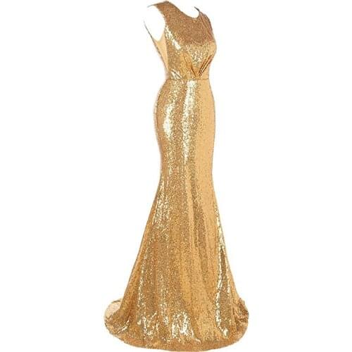 2019 Mermaid Evening Dresses Scoop Neck Sleeveless Gold Sequins Women Formal Party Dresses Hollow Back Trumpet Evening Gowns