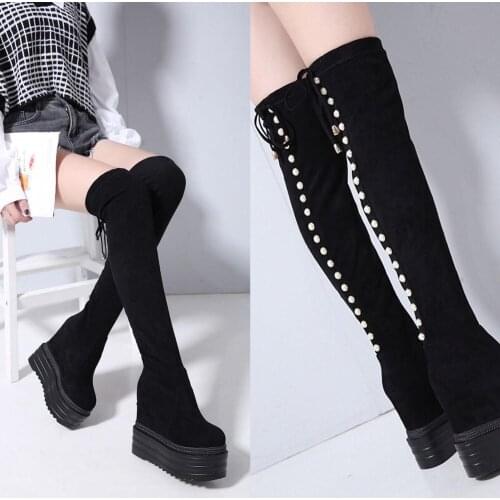Winter New Increase Within Wedges Over-the-Knee Boots Thick-Sole Long Boots 13cm Pearl High Heel Womens Boots Elegant High Boots