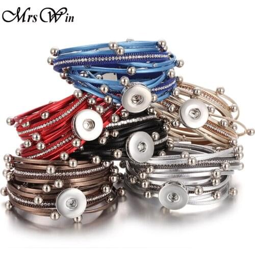 10pcs/lot Wholesale Leather Bracelet Rhinestone Magnet Bracelets Multilayer Leather Snap Bracelet for 18mm Snap Button Jewelry