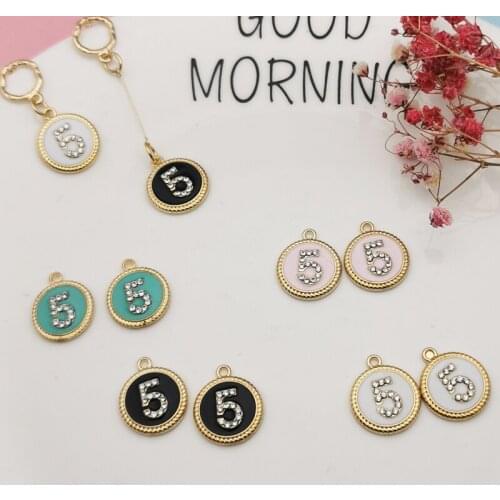 10PCS Alloy Rhinestone Number 5 Round Design Enamel Charms Pendants Earring Floating DIY Jewelry Accessories Golden Base FX417