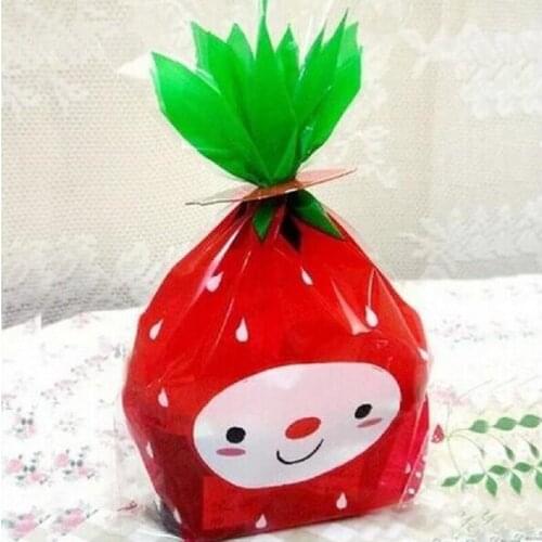 100pcs 12X19cm Cookie Packaging Red Strawberry Plastic Bags for Biscuits Snack Baking Package Gift Candy Bag Baby Shower