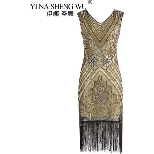 1920s Vintage Flapper Dress Great Gatsby Party Dress V-Neck Sleeveless Sequin Beaded Tassel Flapper Vestidos Tassel Midi Dresses