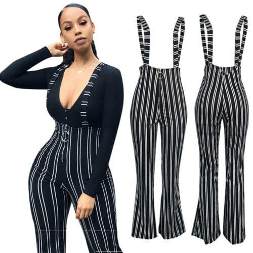 2021 Women Casual Overalls Trouser Striped Bib Pants Suspender Flared Trousers