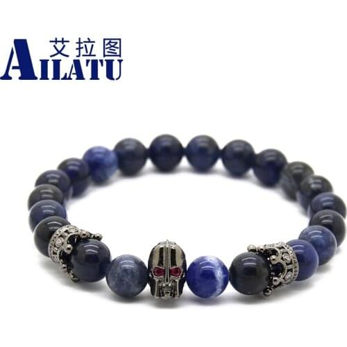 Ailatu 8mm Blue Veins Stone with Micro Pave CZ Spartan warrior Helmet & Crown Charm Bracelet for Men Pulseira Hombres