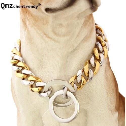 Top quality 15mm 12-34 inch Tone Double Colors Curb Cuban Rombo Link Stainless Steel Dog Chain Collar Wholesale Drop Shipping