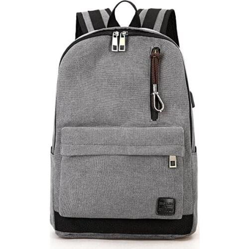 Canvas Backpack USB Interface Earphone Hole Student School Bag Multifunctional Computer Bag Solid Color Outdoor Travel Backpack