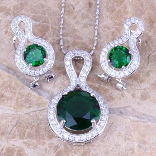 Perfect Green Cubic Zirconia White CZ Silver Plated Earrings Pendant Necklace Jewelry Sets S0794