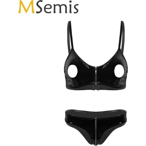 MSemis Women Wet Look Patent Leather Sexy Lingerie Set Hollow out Exposed Nipple Holes Bra Top Zippered Crotch Underwear Panties