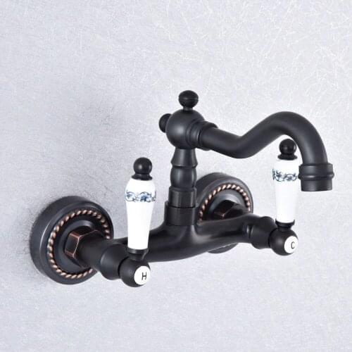 Bathroom Basin Sink Mix Tap Dual Handles Wall Mounted Kitchen Basin Sink Mixer Faucet Nsf745