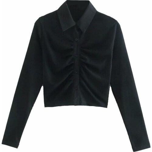 MESTTRAF Women 2021 Fashion Solid Color Pleated Short Smock Blouse Office Ladies Breasted Casual Slim Shirt Streetwear