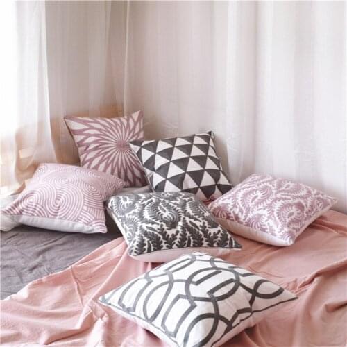 Geometric Sofa Cushion Cover Yellow Grey Pink Cotton Decorative Throw Pillow Cover Printed Wool Embroidered Home Decor 45x45cm