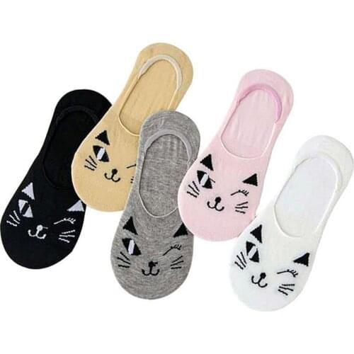 5 Pairs Women Socks Cat Kawaii Animal Pattern Womens Casual Comfortable Vintage Cute Novelty Durable Casual Cotton Boat Socks