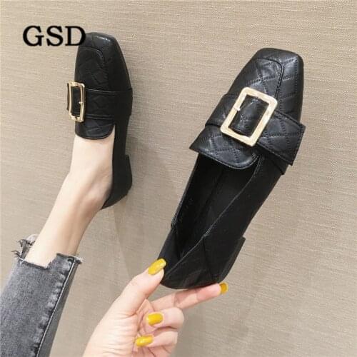Newest Casual women shoes Fashion Slip-on buckle Square toe Woman Flats soft Leather Loafers Spring Autumn lady Footwear