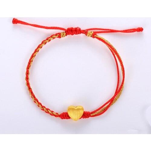 Solid 24k Yellow Gold Bracelet Smart Heart Bead Golden Cord Bracelet