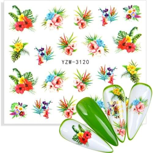 1 Sheet Small Fresh Green Leaves Flowers Water Decals Simple Floral Bouquet Transfer Stickers Slider Nail Art Decoration