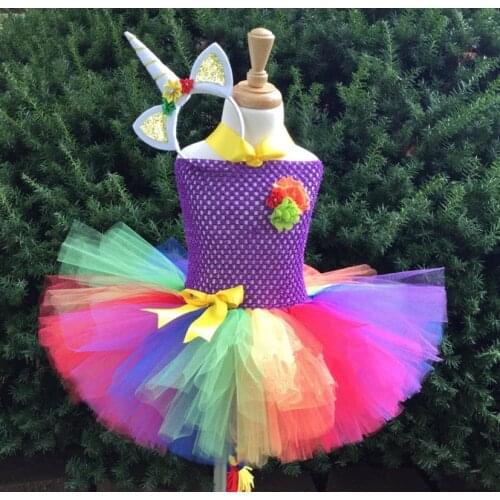 Girls Rainbow Unicorn Flower Tutu Dress Kids Crochet Tulle Dress with Hairbow Children Birthday Party Costume Cosplay Dresses