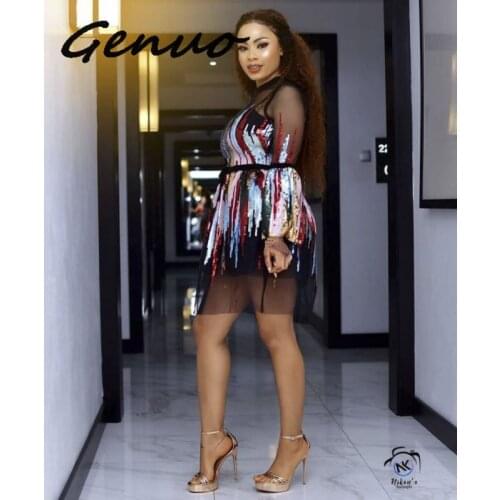 Rainbow Sequined Sexy Mesh Dress Women O-Neck Flare Sleeve High Waist Mini Ball Gown See Through Belt Short Evening Party Dress