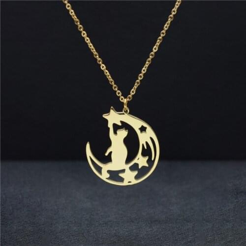 Romantic Christmas Gift Gold Cat Moon Star Necklace For Girl Women Party Jewelry Bijoux Femme Pendant Choker Chain BFF Ketting