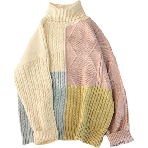 Color Block Knitted Turtleneck Women 2021 Autumn Winter Fashion Pullover Long Sleeve Loose Casual Sweater Female Jumper Knitwear