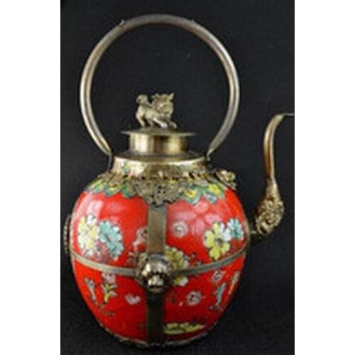 WBY 802++++++Tibetan Decorated silver Flower Cloisonne Wine Pot,Red Porcelain Big Tea Pot tools wedding Decoration Brass Teapot