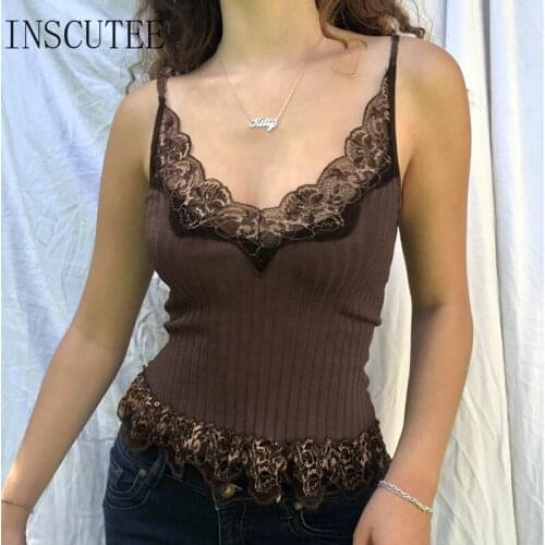 Inscutee Streetwear Lace Brown Camis Women Vintage Y2k E-girl Sexy Backless Slim Crop Tank Top Harajuku Punk Casual Grunge Vest