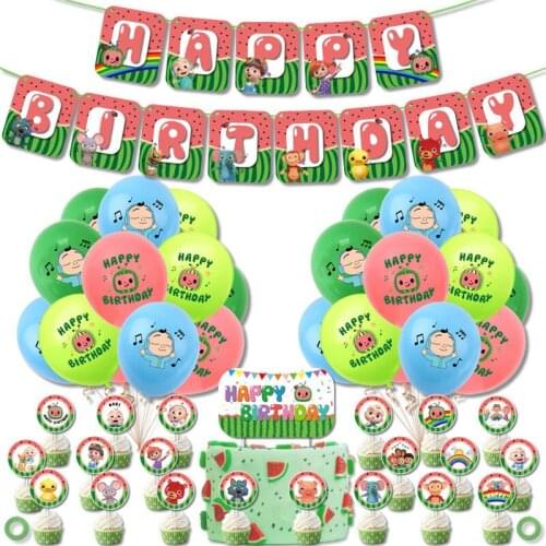 1Set Cocomelon Theme Balloons Happy Birthday Banner Cake Topper Cartoon Party Decoration Supplies Boys Baby Shower Kids Toy