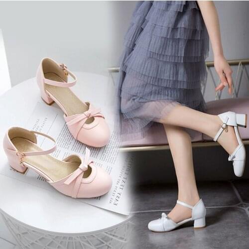 Explosion models womens sweet bow high heels solid color round shallow mouth non slip mid heels buckle PU leather Single shoes