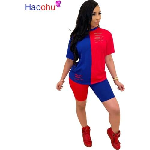 Color Block Spliced Two Piece Set Women Summer Costume Hole Short Sleeve T Shirt And Biker Shorts Sweatsuits Sporty Club Outfit