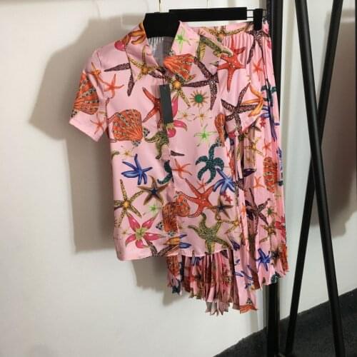 Summer 2021 Womens sweet skirt suit High quality fashion print short sleeves Shirts+High-rise pleated Skirts 2piece set B460