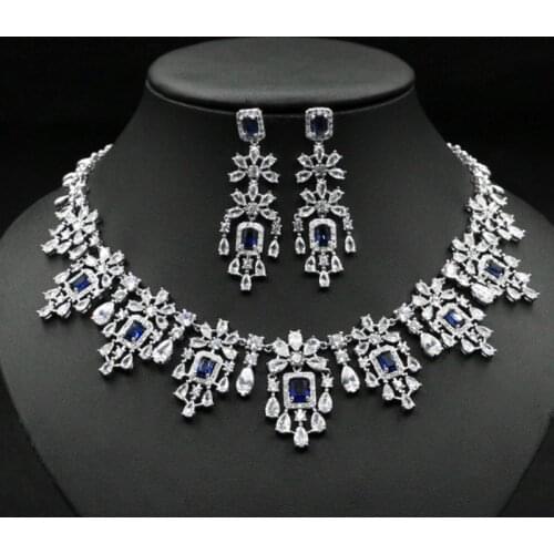 Zlxgirl jewelry Rhodium plated blue green peach cubic zircon wedding necklace with earring jewelry sets womens bridal neclace