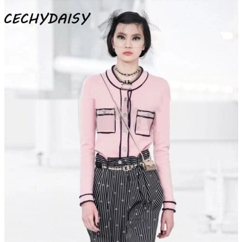 Winter Runway Sweater Autumn Cardigan 2021 Fashion Women Clothes O-Neck Long Sleeve Elegant Pink Knitted Outwear Ladies Top Pull