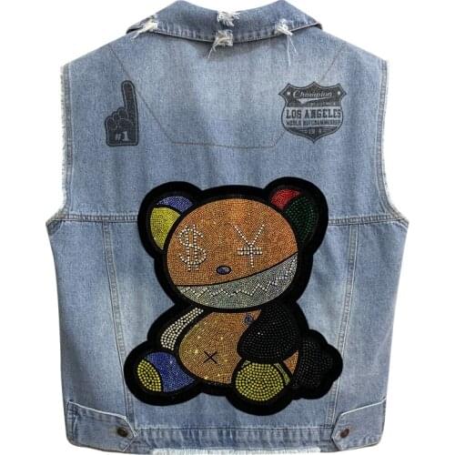 Vest Women 2021 Spring and Summer Fashion Diamonds Bear Pattern Sleeveless Coat Lady Slim Short Denim Jacket Coats Jeans Coat