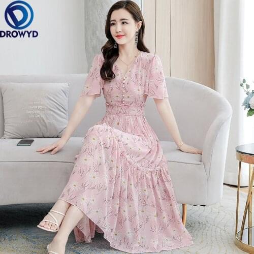 Women Bodycon Party Vestidos 2021 Chiffon Beach Vacation Boho V-neck Maxi Dress Spring Summer Print Vintage Casual Long Dresses