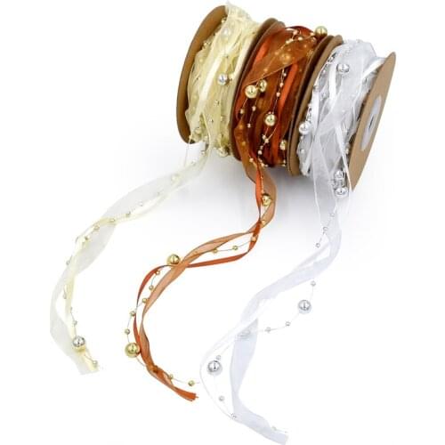 5meters/roll 10mm Gold Silver Beads Organza Christmas Ribbon Bouquet Gift Box DIY Packing Tape Xmas Party Decor Materials