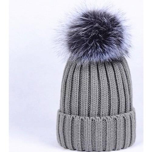10pcs/lot Cheap Wholesale Real Detachable Silver Fox Fur Knitted Hat Women Casual Fur Ball Winter Knitting Beanies Skullies Caps