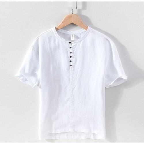 100% Linen Short Sleeve T Shirt for Men Summer New O-Neck Top Male Fashion Casual Solid White Tee Retro T Shirt