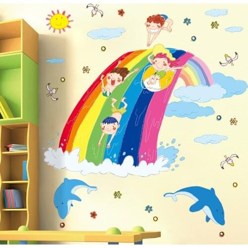 Watercolor Rainbow Waves Dolphin Wall Sticker Kids Baby Rooms Home Decoration PVC Mural Decals Nursery Stickers Wallpaper