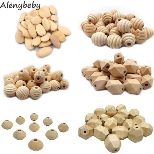 Wood Hexagon Beads Teether Unfinished Solid Wood Threaded Beads Oval flat beads DIY Baby Teething Jewelry Necklace Product